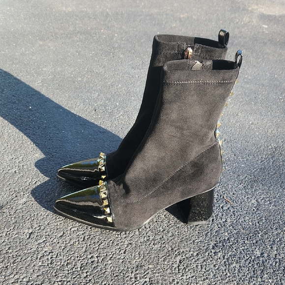 Black Suede Mid-Calf Heeled Boots with Gold Cap Toe and Stud Trim - Picture 8 of 16